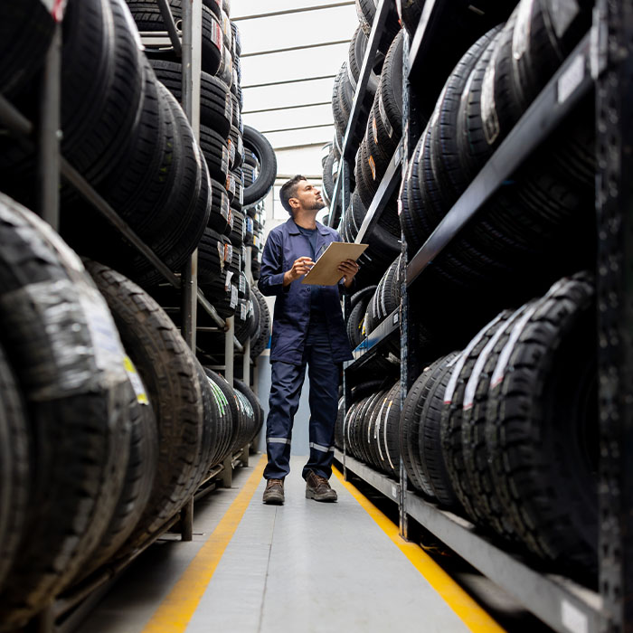 Man working at a tire factory and doing an inventory